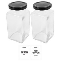 홈앤라이프 유리 양념통 사각 블랙캡 300g 2p 세트, 1세트, 유리양념통 2p + 투명스티커(설탕 + 고춧가루)