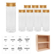 홈앤라이프 투명 원형 PET 양념통 알루미늄 골드 캡 140ml x 8p + 투명 스티커 8p + 사각 선반 세트, 1세트, 양념통 원형 8p + 투명 스티커 8종 + 사각 2단 선반