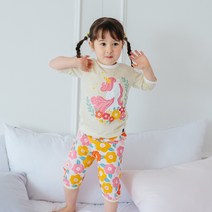 보보 여아용 무형광 옐로 유니콘 7부 실내복 세트