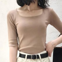 공블리 여성용 데일리 시크룩 스퀘어넥 5부 반팔 니트 CST1242