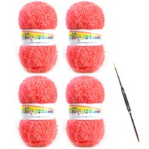 레인보우 펄 수세미실 80g x 4p + 코바늘 세트, 1세트, 21핫핑크