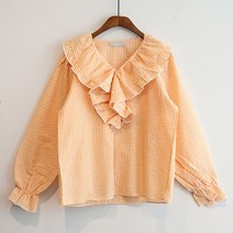 이얀 작은 체크 프릴 임부 티셔츠