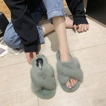 미토 여성용 토끼털 크로스 퍼 슬리퍼