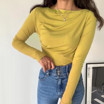 페이퍼먼츠 여성용 입술넥 옆 셔링 포인 긴팔 데일리 티셔츠 13719