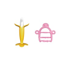 앙쥬 유아용 치발기 2종 세트, 바나나 노랑, 팔찌기린 분홍(치발기), 랜덤발송(실리콘클립)