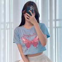 레몬티 핑크 버터플라이 크롭 티셔츠 lkf21320