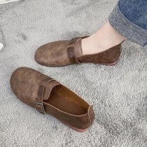 여성용 부드러운 탄빵 가죽 배색 앞코 둥근 단화