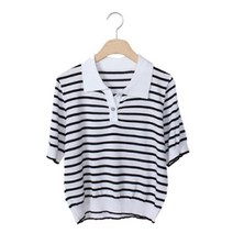 여성용 헤느티 배색 단가라 카라 크롭 반팔 니트 T9258K23