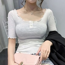 비비에모 여성용 스퀘어넥 주름 단추넥 슬림핏 반팔 티셔츠 01251