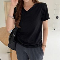 세컨그라운드 여성용 더블 브이넥 반팔 티셔츠