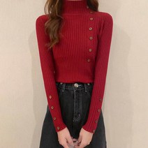 페이퍼먼츠 여성용 하프 터틀넥 골드버튼 슬림핏 긴팔 골지 니트 티셔츠 02731