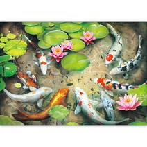 케이엠엘리홀딩스 액자형 3D 행복 연꽃 잉어 AB 원형 보석십자수 DIY키트 50 x 40 cm, 혼합색상, 1개