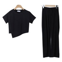 여성용 잇도우 라운드넥 밑단 사선 슬림핏 크롭 반팔 트레이닝 상하의 세트 cpset2681k34