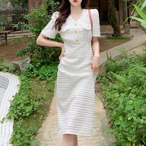 페이퍼먼츠 이븐리 와플 엠보 금장 단추 장식 브이넥 반팔 원피스 05280