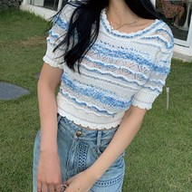 메이첼 여성용 파도 플라아 펀칭 반팔 니트 티셔츠 02345