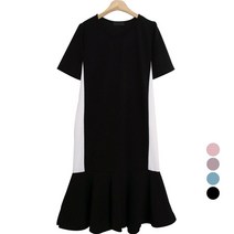 플랜데이 여성용 배색 옆라인 머메이드 플레어 밑단 반팔 롱원피스