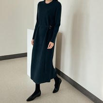 어반프랑 여성용 비야 옆주름 니트 플레어 벨트 롱원피스