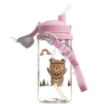 인디베어 슬림어깨끈 빨대 물병, 분홍, 350ml