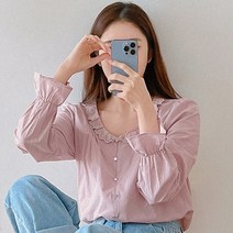 로미스토리 빅사이즈 브이넥 레이스 프릴 블라우스