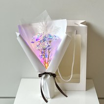 미다운플라워 조화 홀로그램 장미 미니꽃다발 LED 세송이 + 눈꽃 조화 + 쇼핑백, 스노우화이트