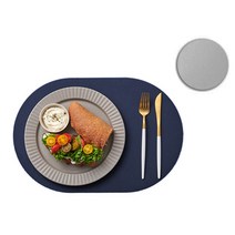 지베아 플로라 가죽 방수 타원형 식탁 테이블매트, 네이비(앞면) + 그레이(뒷면), 440 x 300 mm