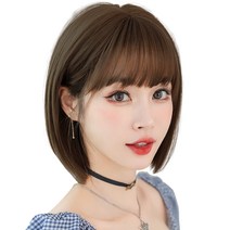 하이유니 스트레이트 펌 보브 컷 헤어 단발 통가발 가발 32cm + 가발망 + 거치대 세트, 쿨브라운