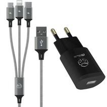 디지지 퀼컴 3.0 고속 충전 아답터 USB 1포트 18W + 3 IN 1 스카이 메타 멀티케이블 120cm, 블랙, 1개