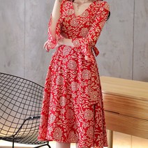 페이토 플라워 V넥 5부 소매 미디원피스