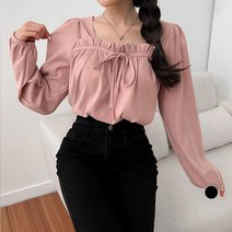 밀키버터 여성용 스웨이드 프릴 퍼프 블라우스