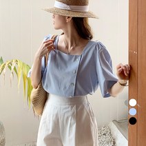 바블링브룩 여성용 코튼 스퀘어 넥 버튼 반팔 블라우스