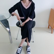 보리맘 클루 브이넥 배색 롱 임산부 원피스 W197
