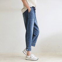 빼빼 여성용 심플리 허리밴딩 사이드비죠 배기 스판 데님 팬츠