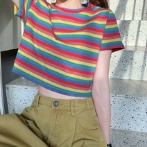 유토밸런 여성용 악동 캔디 스트라이프 크롭 반팔티