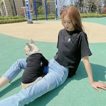 새코밍 곰돌이 커플룩 캐주얼 강아지 옷 + 견주 옷 티셔츠 세트, 블랙
