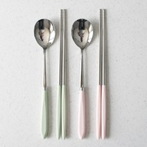 루드 파스텔 수저 2종 세트, 그래스그린, 베이비핑크, 숟가락 + 젓가락