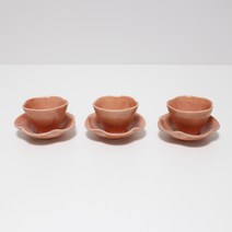 달소금 예쁜 도자기 다기 유광 꽃잎 찻잔세트, 코랄, 3세트