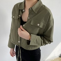 빼빼 여성용 카라넥 스트링 크롭 셔츠형 면자켓