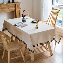 마켓에이 블랙태슬 린넨 패브릭 식탁보, 화이트, 140 x 240 cm