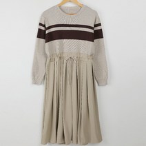 빼빼 여성용 스트랩 밴딩 니트 배색 플리츠 롱 원피스