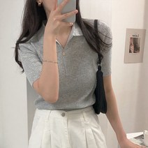 여성용 골지 카라 반팔 니트