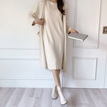 배색 스치키 루즈핏 반팔 원피스 롱 가디건 세트 SET1774K1C