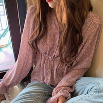 더시럽 여성용 프렌치 빈티지 플라워 허리끈 블라우스