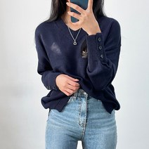 오오엘 여성용 힐스 루즈핏 언발 브이넥 소매 버튼 니트