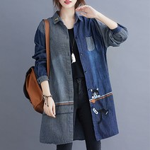 유니제이 여성용 캐리 스트라이프 포인트 롱 데님 셔츠