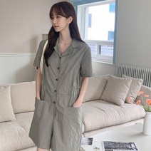 여성용 퍼다잇 허리밴딩 포켓 카라 반팔 점프 수트 PT10197K26