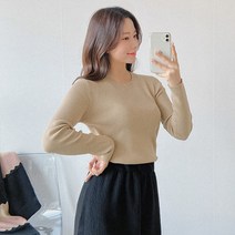 로미스토리 여성용 베이직 물결 라운드넥 골지니트