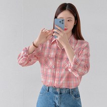 로미스토리 빅사이즈 투 포켓 체크 블라우스