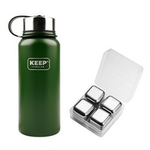 KEEP 스포츠 보틀 스테인레스 보온보냉 텀블러 + 스테인리스 아이스 큐브 세트, 그린(텀블러), 800ml