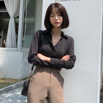 빼빼 여성용 데일리 카라넥 심플라인 무지 블라우스