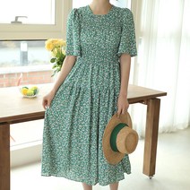 빼빼 여성용 셔링 플라워 플레어 반팔 롱 원피스